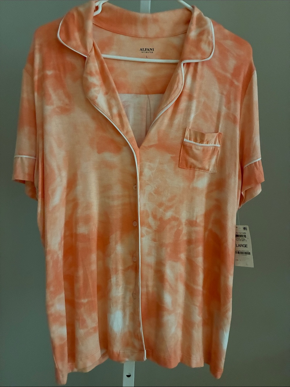 Alfani WomensOrange Tie-Dye Short Sleeve Button-Down Sleep Shirt